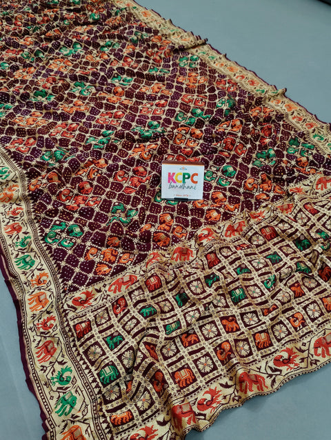 KcPc  Figure Design Khaddi Georgette Upada Janglaw Bandhani Neemzari Saree Wine