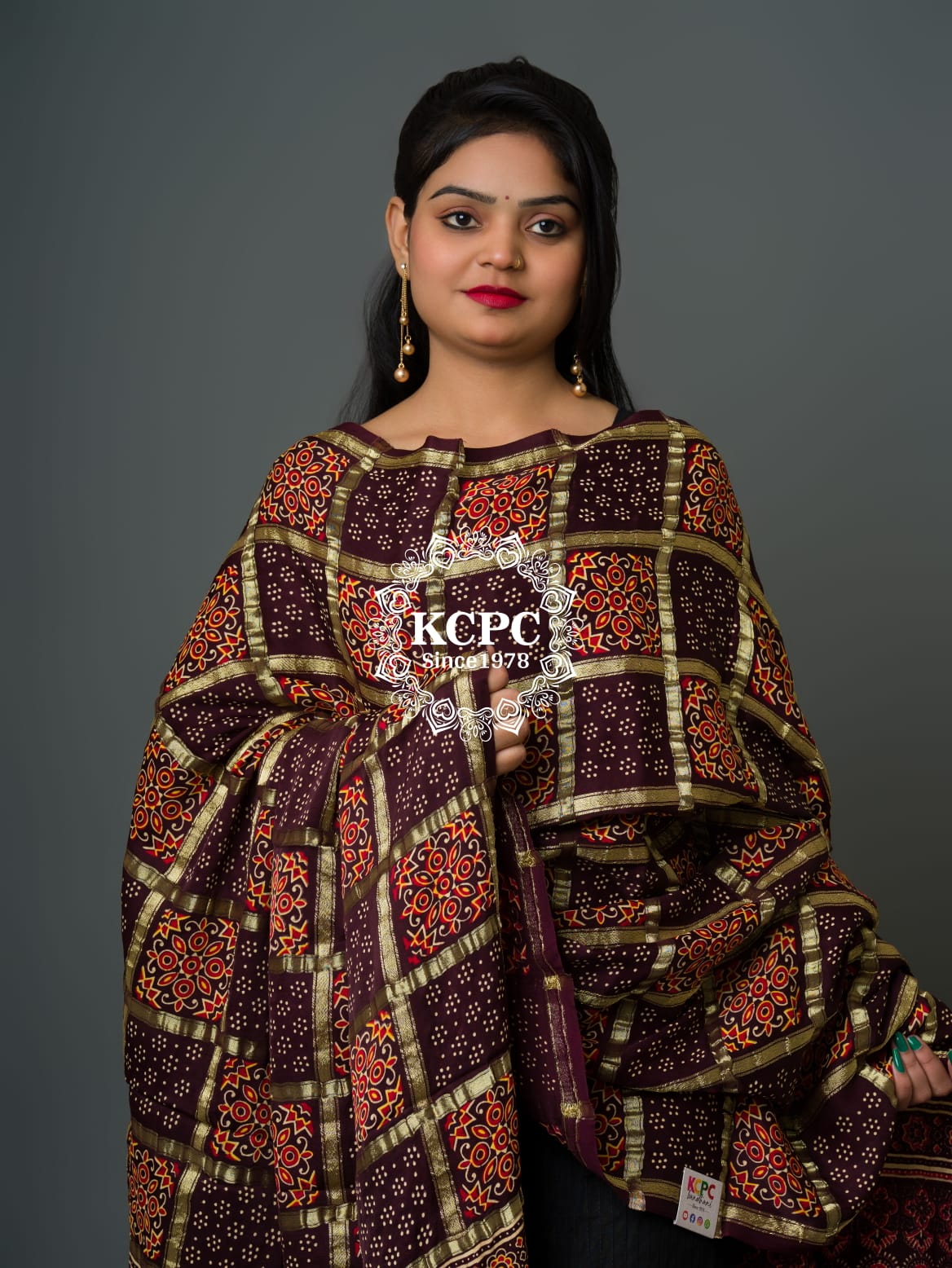 KcPc Pure Modal Gaji Silk Original Ajrakh Handprint Banarasi Dupatta Wine