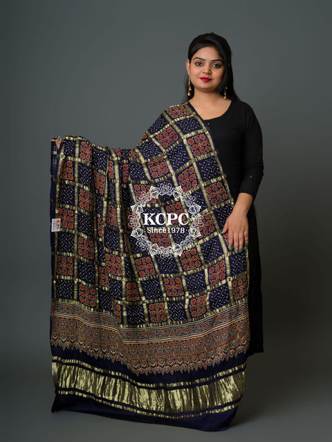 KcPc Pure Modal Gaji Silk Original Ajrakh Hand print Banarasi Dupatta Navy Blue