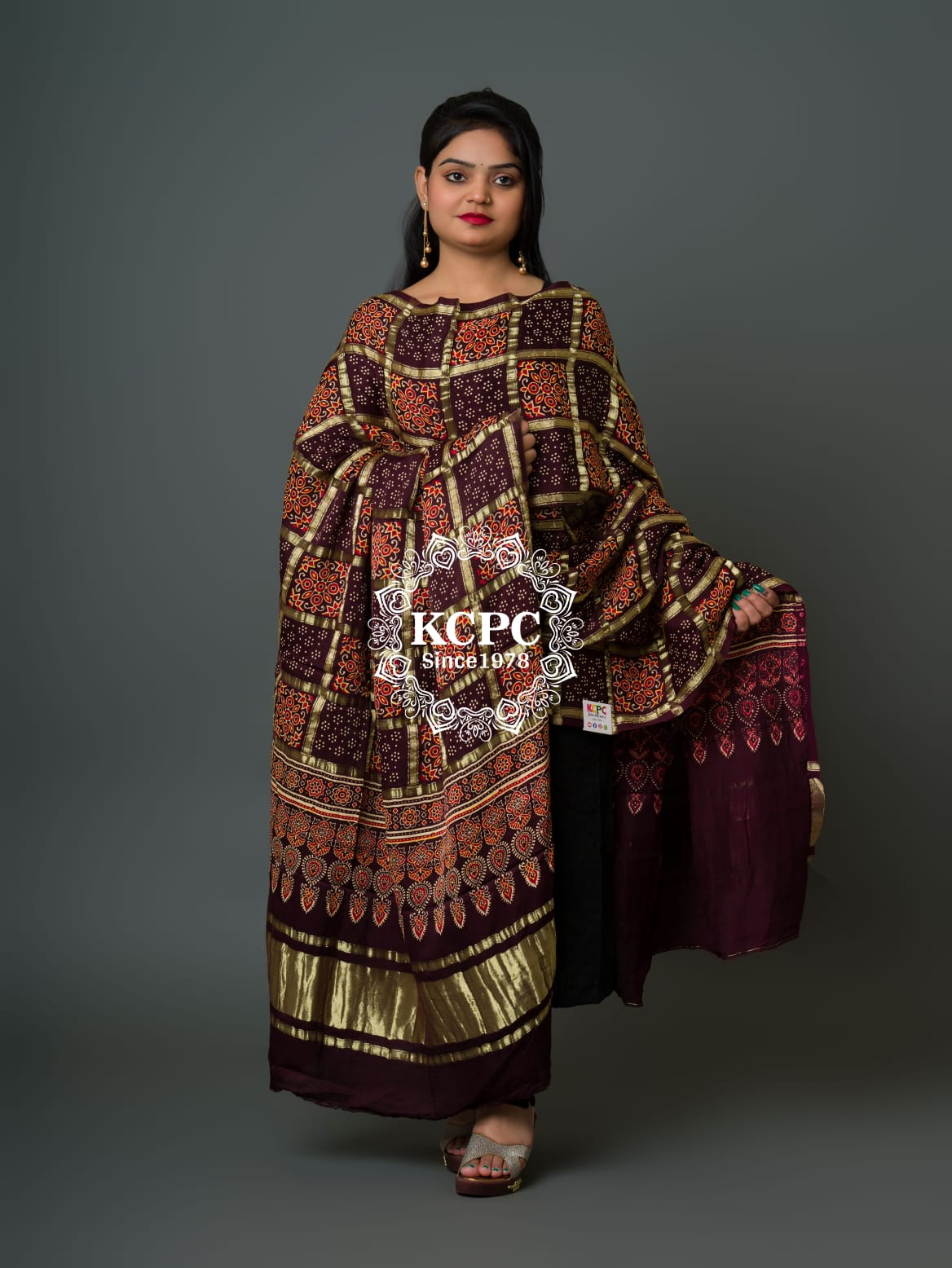 KcPc Pure Modal Gaji Silk Original Ajrakh Handprint Banarasi Dupatta Wine