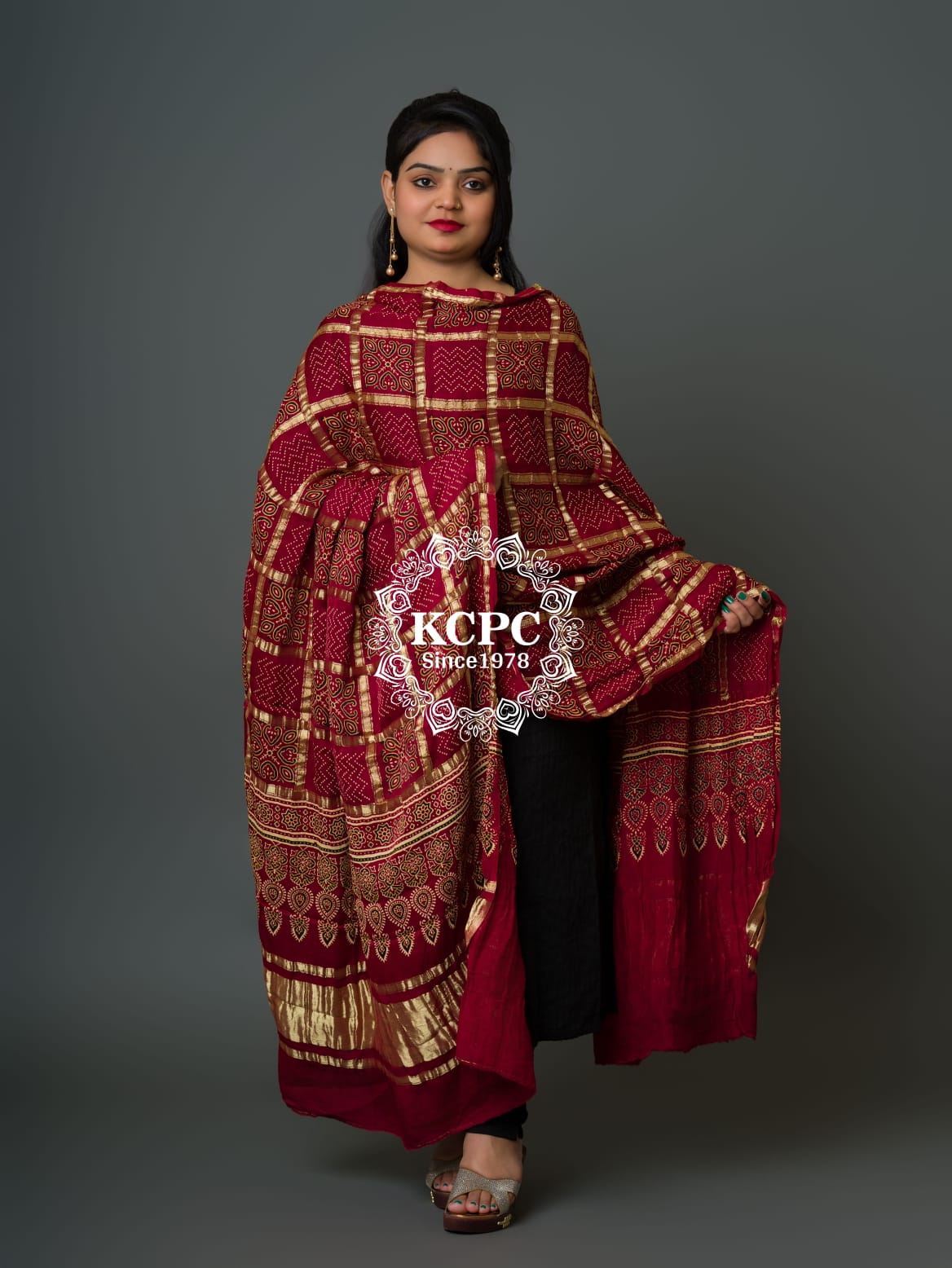 KcPc Pure Modal Gaji Silk Original Ajrakh Hand print Banarasi Dupatta Mehroon