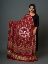 KcPc Pure Modal Gaji Silk Original Ajrakh Hand print Banarasi Dupatta Mehroon