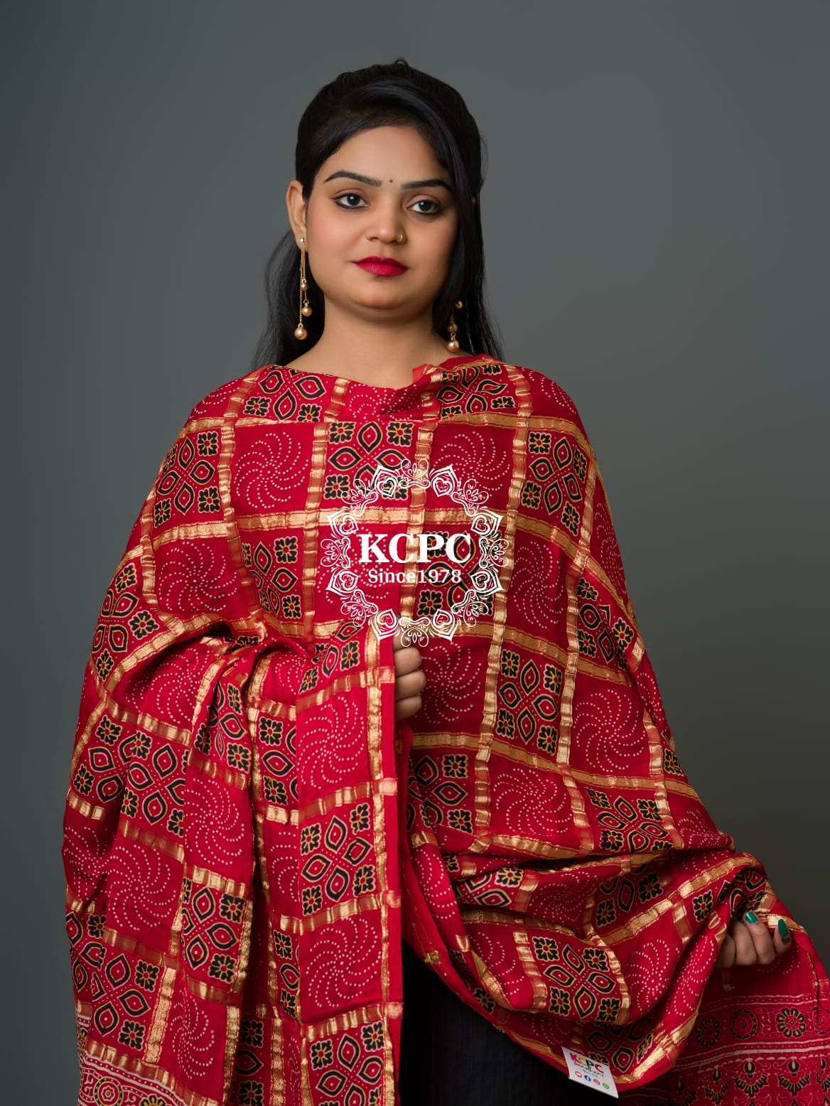 KcPc Pure Modal Gaji Silk Original Ajrakh Hand printBanarasi Dupatta Red