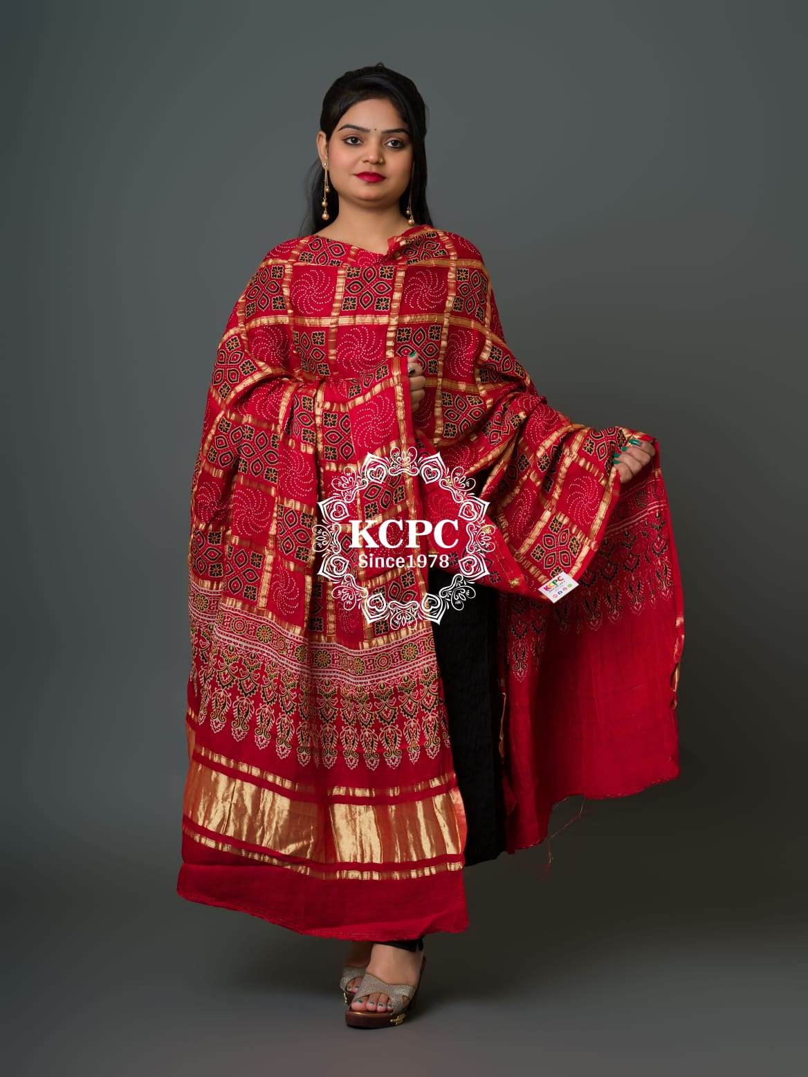 KcPc Pure Modal Gaji Silk Original Ajrakh Hand printBanarasi Dupatta Red