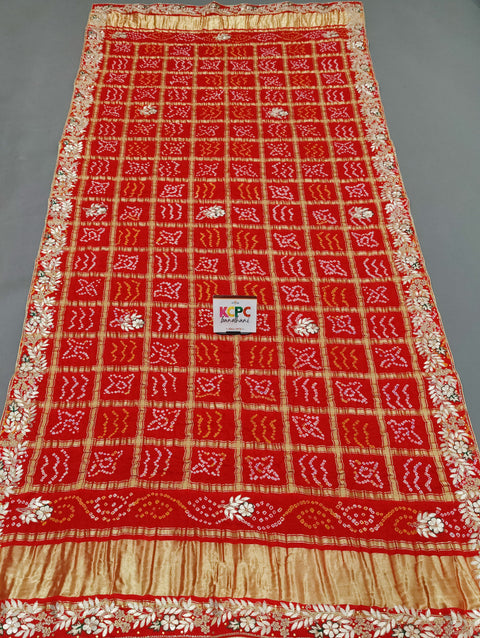 KcPc Designer Pure Gaji Silk Banarasi Bandhani Ghatchola Gotapatti Work Dupatta Red