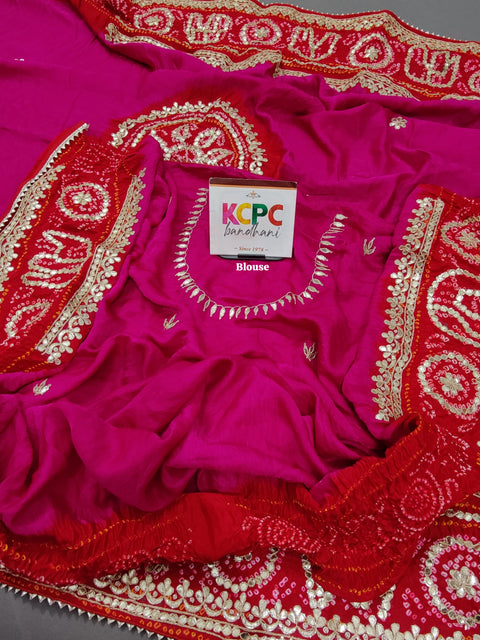 KcPc Pure Gaji Silk Handmade Bandhej Piliya Style Gotapatti Work Saree AMT Rani Red