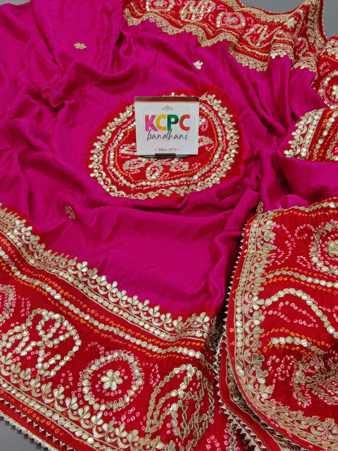 KcPc Pure Gaji Silk Handmade Bandhej Piliya Style Gotapatti Work Saree AMT Rani Red