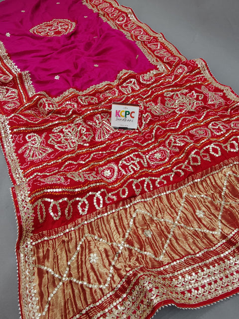 KcPc Pure Gaji Silk Handmade Bandhej Piliya Style Gotapatti Work Saree AMT Rani Red