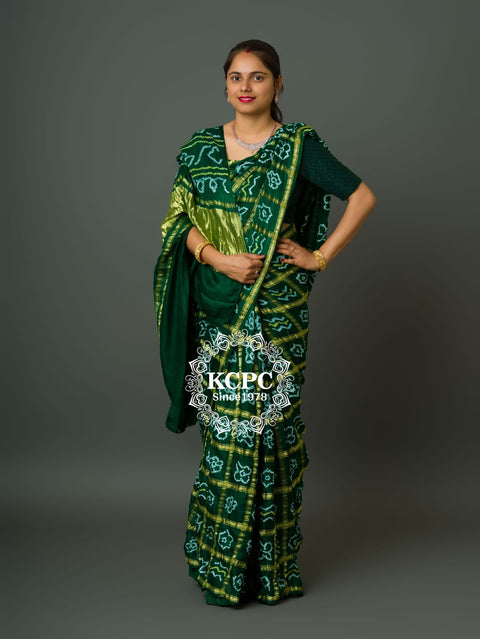 KcPc Pure Gaji Silk Bandhani Ghatchola Saree Green