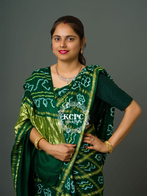 KcPc Pure Gaji Silk Bandhani Ghatchola Saree Green