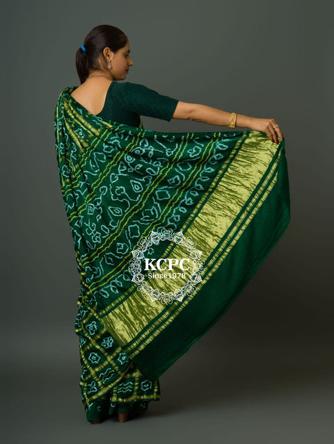 KcPc Pure Gaji Silk Bandhani Ghatchola Saree Green