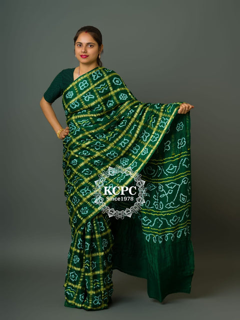 KcPc Pure Gaji Silk Bandhani Ghatchola Saree Green