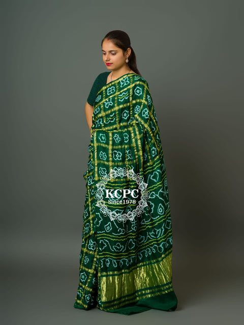 KcPc Pure Gaji Silk Bandhani Ghatchola Saree Green