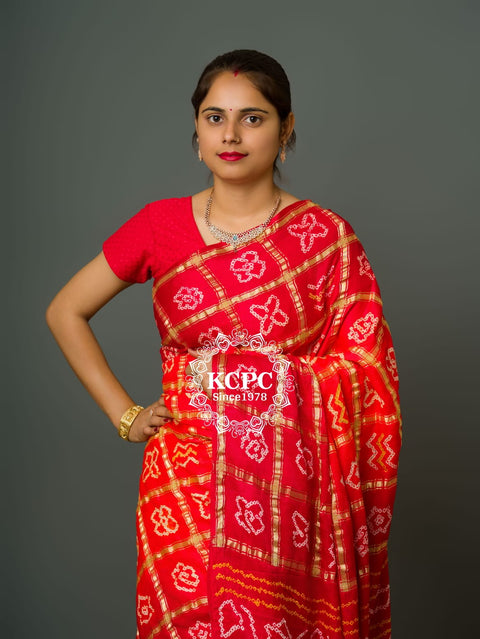 KcPc New Lounch Pure Gaji Silk Bandhani Ghatchola Saree  Orange Red