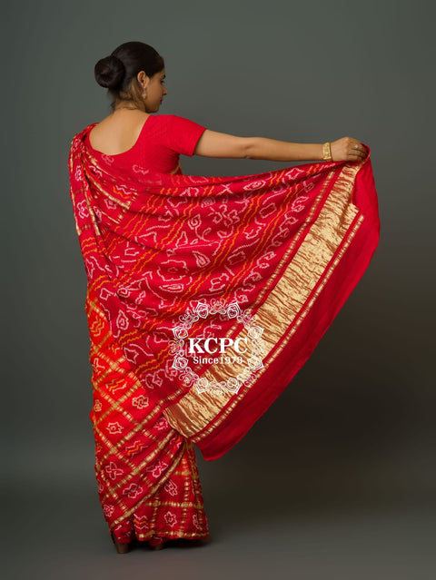 KcPc New Lounch Pure Gaji Silk Bandhani Ghatchola Saree  Orange Red