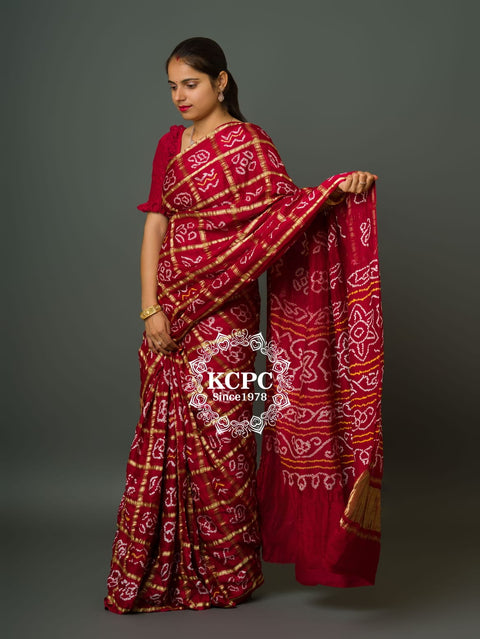 KcPc Pure Gaji Silk Bandhani Ghatchola Saree  Mehroon
