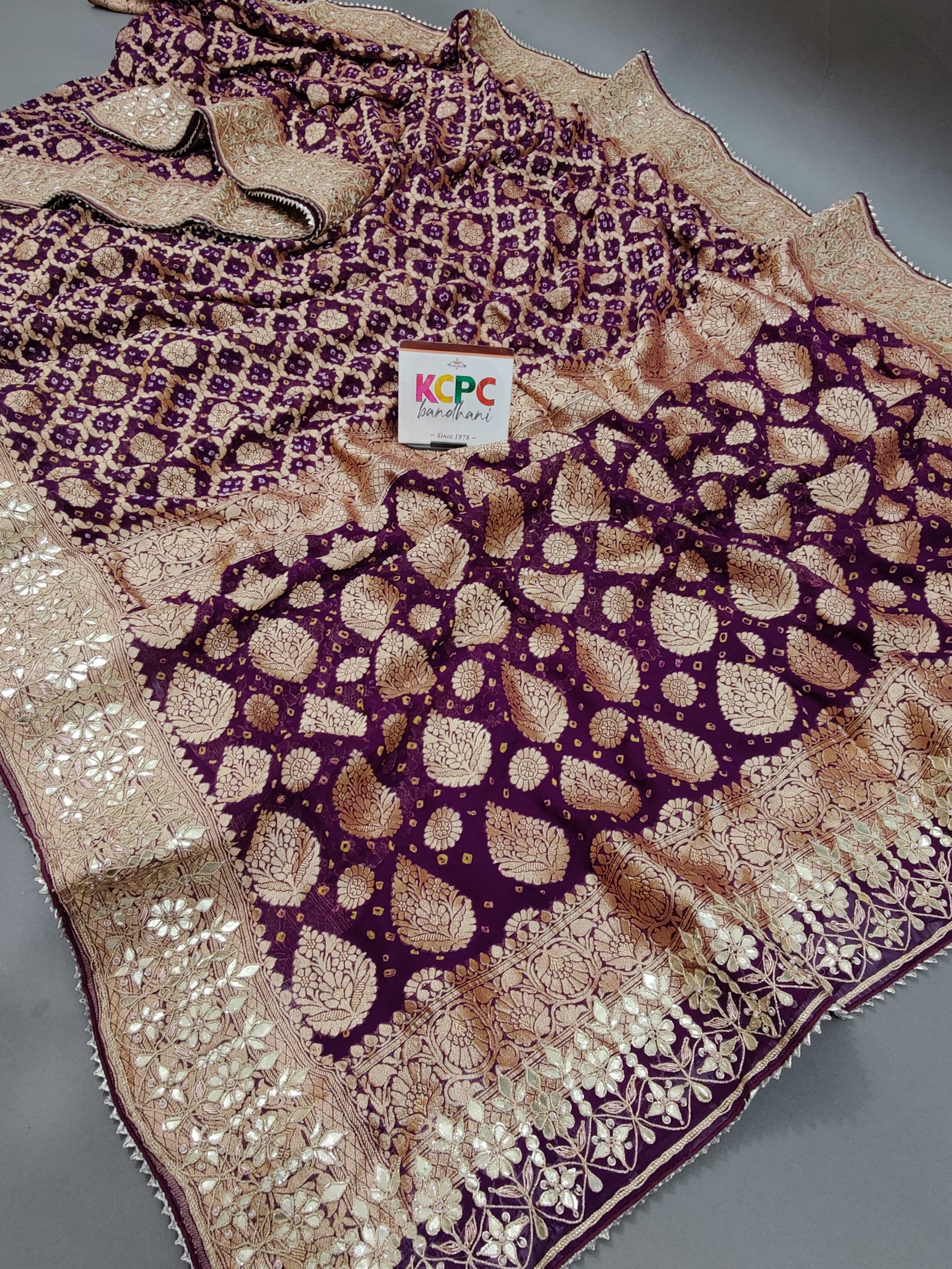  Khaddi Georgette Neemzari Bandhej Gotapatti work saree
