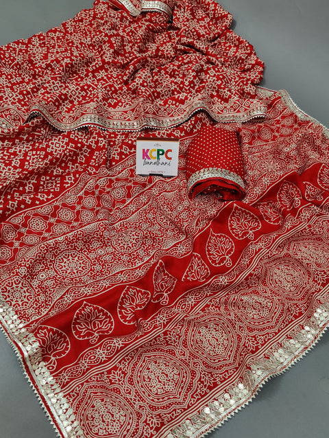 KcPc New Launch Gaji Silk Modal Ajrakh Handprint Gotapatti Work Jaipuri Saree RG