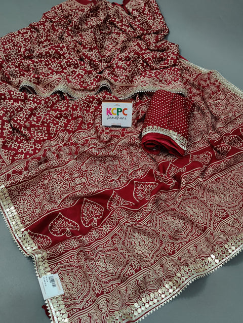 KcPc Designer Gaji Silk Modal Ajrakh Handprint Gotapatti Work Jaipuri Saree  RG