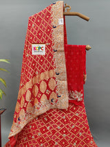A red and multicolor traditional lehenga