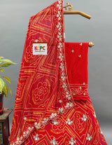 A red georgette bandhej with katdana gotapatti handwork Lehanga