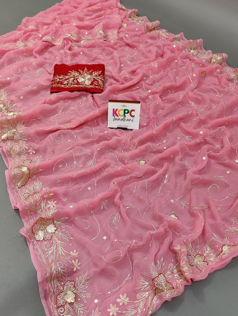 KcPc Pure Diamond Chiffon Mukesh work Jaipuri Traditional Rajputi saree VND Pink