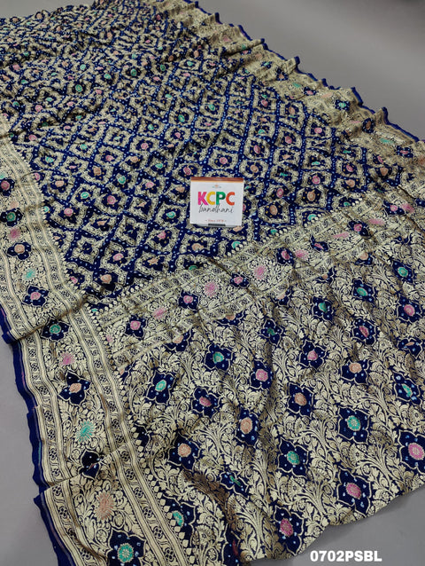 KcPc Originals Pure Meenakari Khaddi Georgette Upada Janglaw Bandhani Neemzari Saree Blue