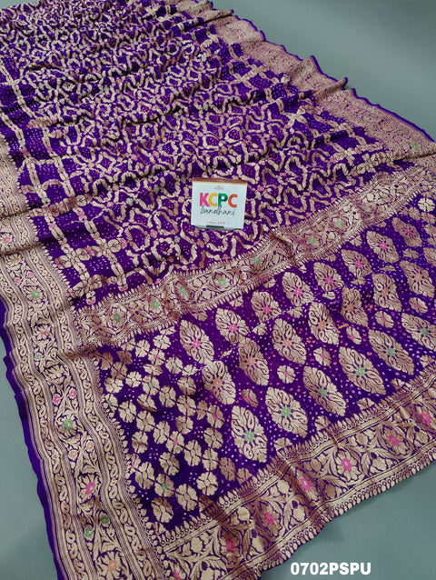 KcPc Originals Pure Meenakari Khaddi Georgette Upada Janglaw Bandhani Neemzari Saree Purple