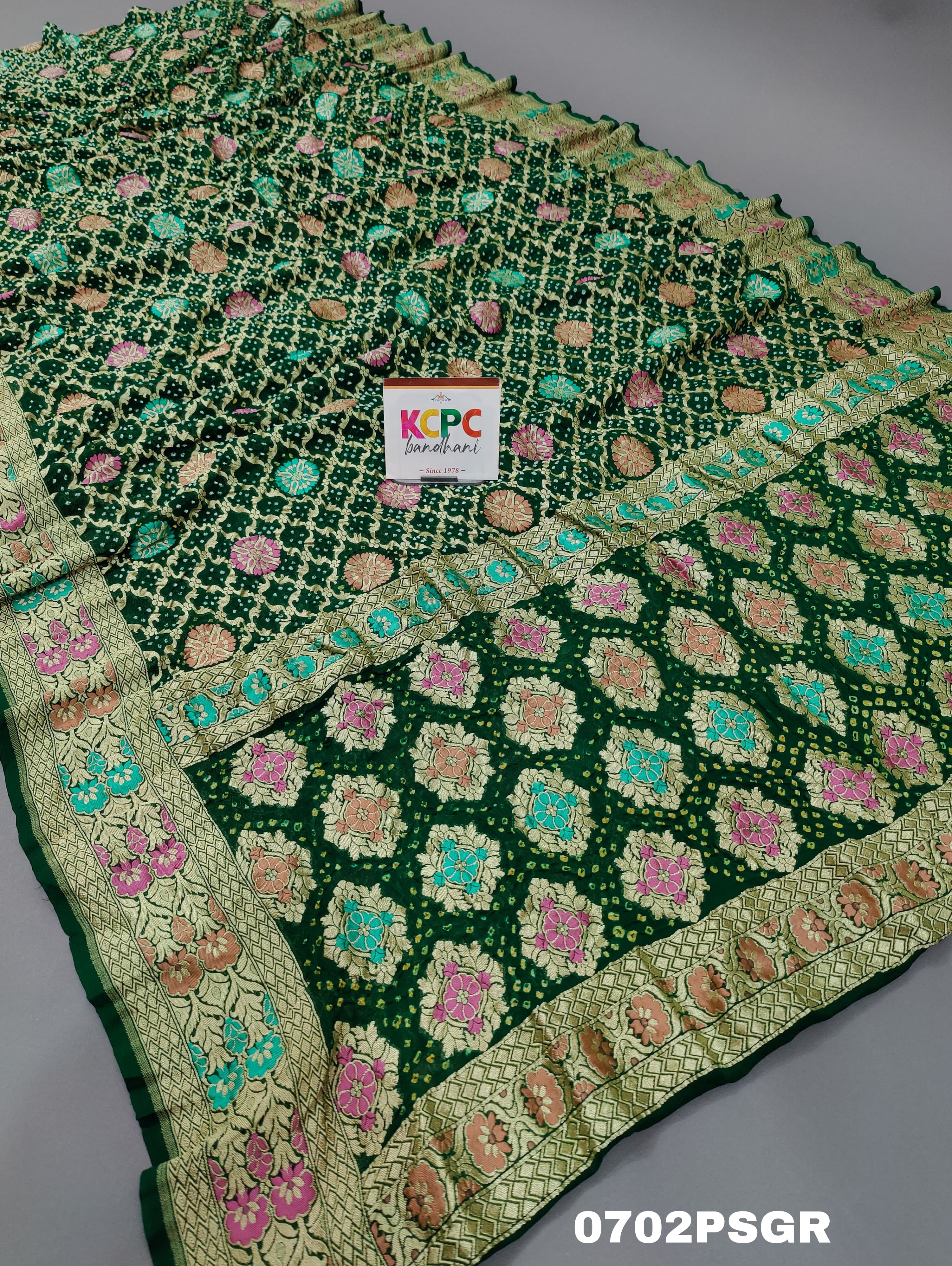  Meenakari Khaddi Georgette Upada Janglaw Bandhani Neemzari Saree Green colour