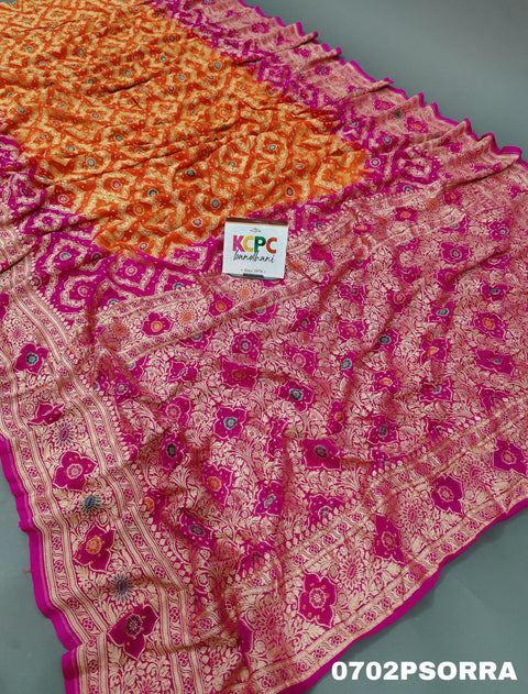 KcPc Originals Pure Meenakari Khaddi Georgette Upada Janglaw Bandhani Neemzari Saree Orange Rani