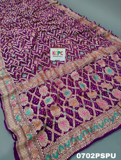 KcPc Originals Pure Meenakari Khaddi Georgette Upada Janglaw Bandhani Neemzari Saree Purple D1