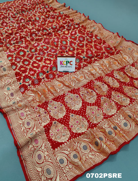 KcPc Originals Pure Meenakari Khaddi Georgette Upada Janglaw Bandhani Neemzari Saree Red D1