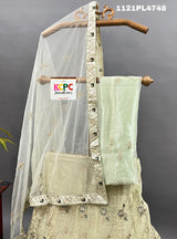 A traditional Indian lehenga set with embroidery and sequins work