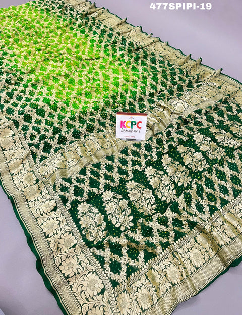 KcPc  New Launch Pure Khaddi Georgette Upada Neemzari Bandhej Saree AMT Parrot Green