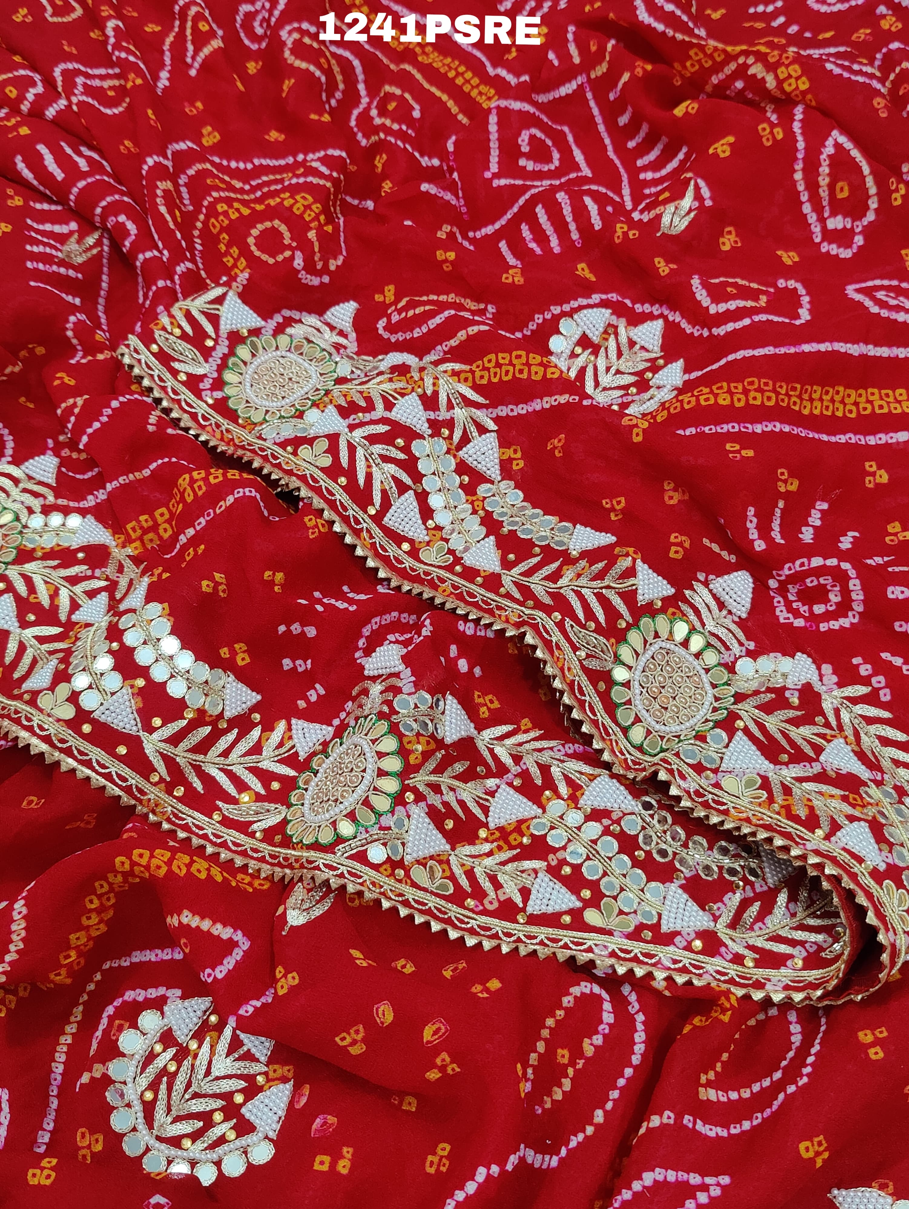  Ojariya Cutdana Mirror Handwork Bandhani Saree