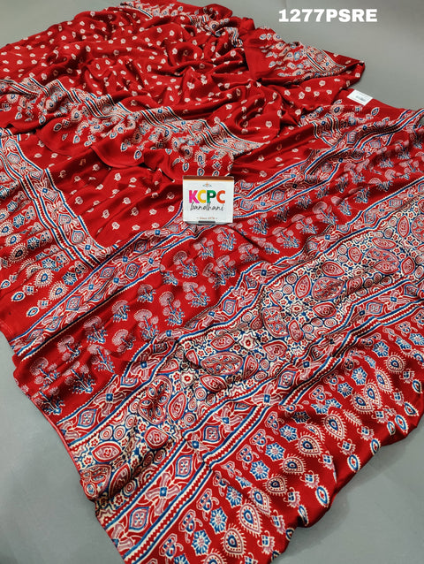 KcPc New Modal Silk Ajrakh Print Pallu Bandhani Saree SRD