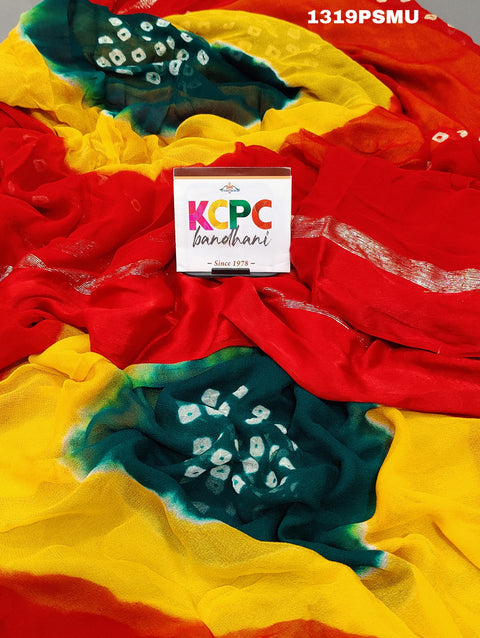 KcPc New Pure Georgette Multi Colour Satin Patta Border Bandhni saree  LAL