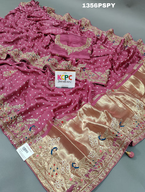 KcPc Beautiful Designer Pure Gaji silk Bandhani Heavy Zardoji work saree RG