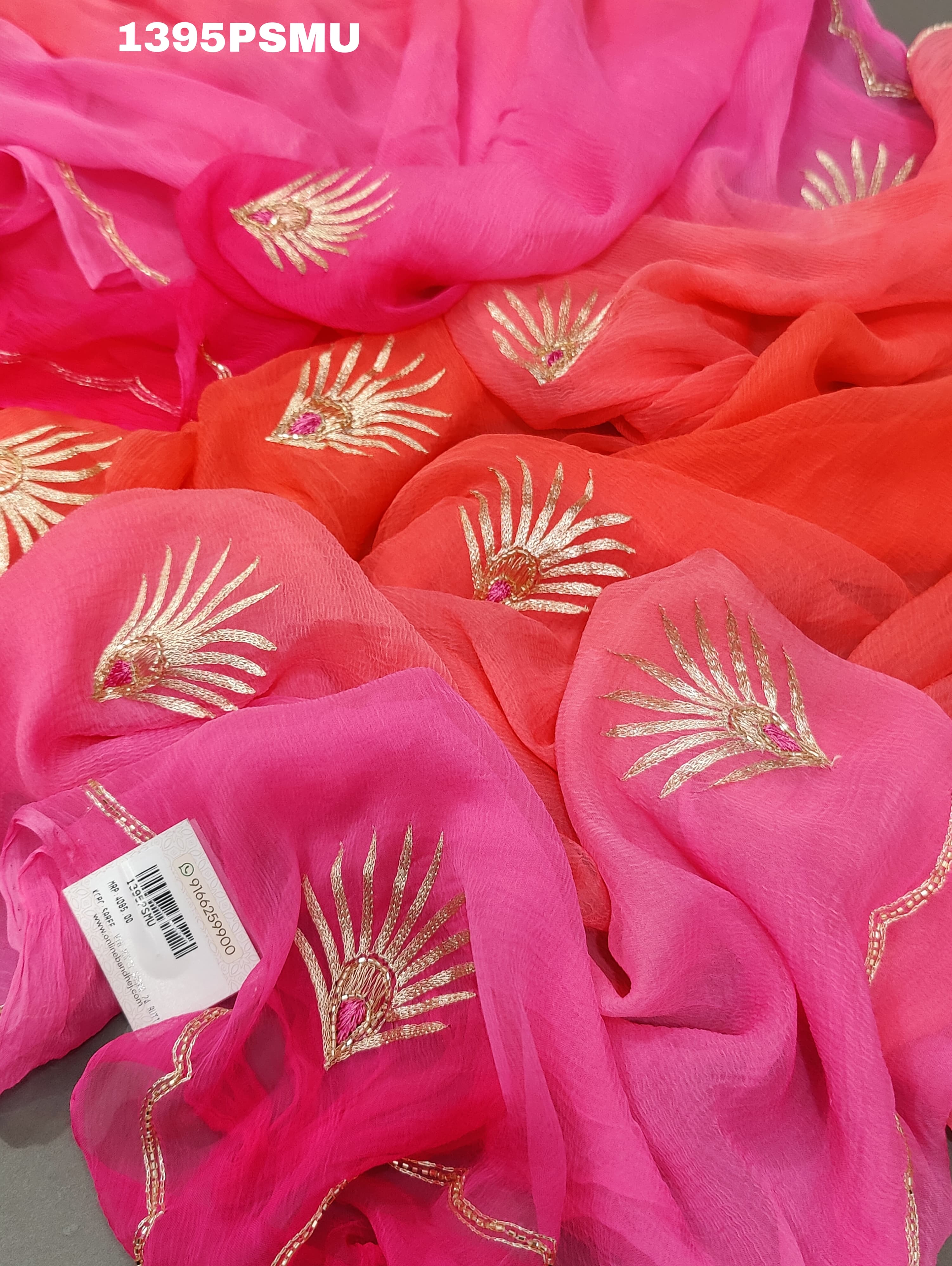 A pink chiffon jaipuri saree with zari sequence buti work 