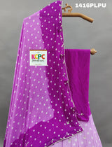 A purple lehenga with double shade bandhani cutdana work