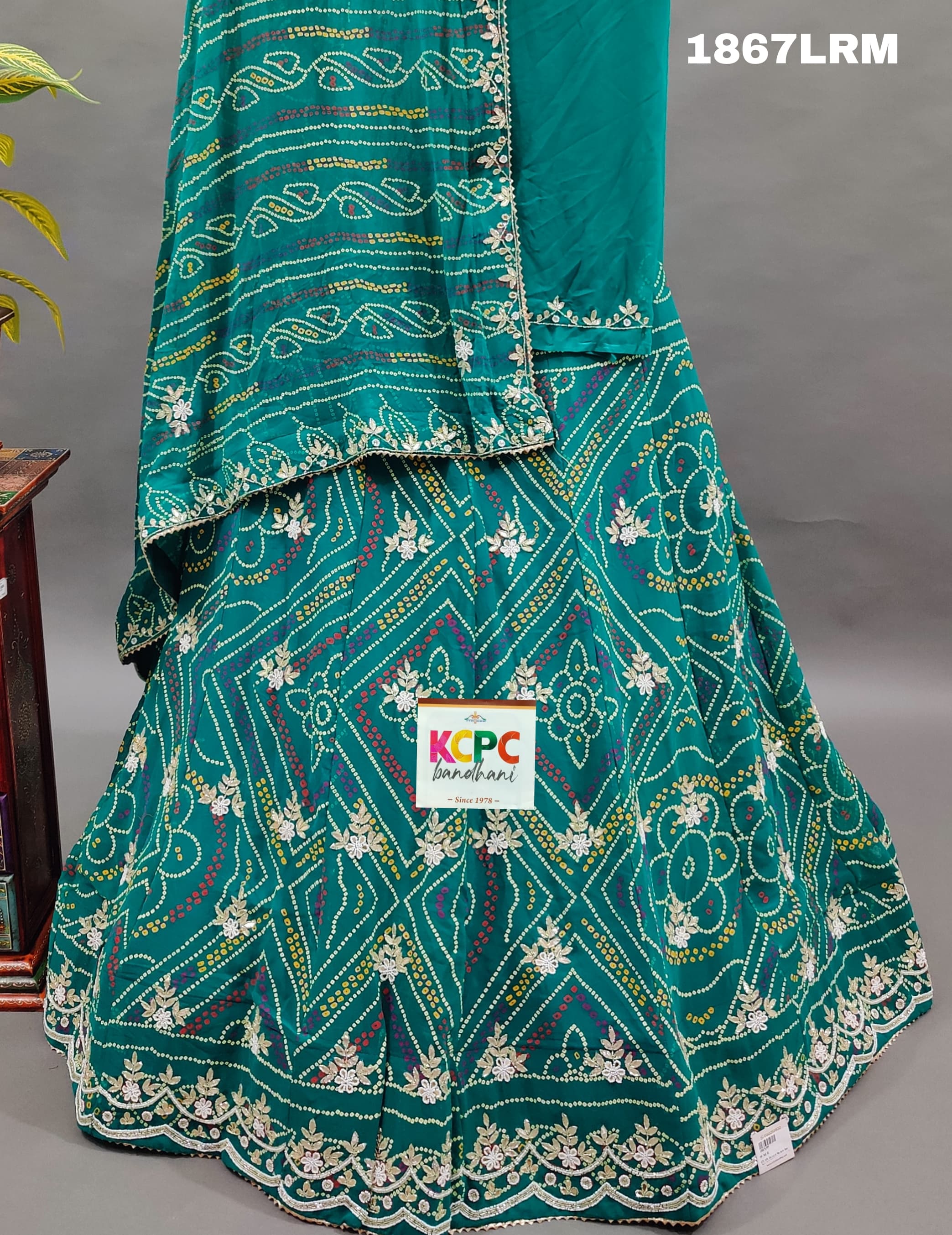  Georgette Bandhej With cutdana Gotapatti Work Jaipuri Lehenga 