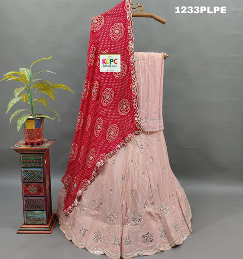 KcPc Launching Pure Upada Silk with Georgette Bandhani Dupatta Mirror Gotapatti work Lehenga MAD