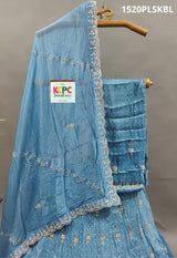 A blue and white traditional lehenga with cutdana beadwork 