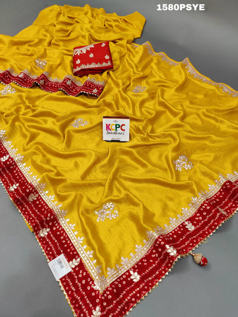 KcPc New Designer Pure Dola Silk Bandhani Border Gotapatti work saree AMT