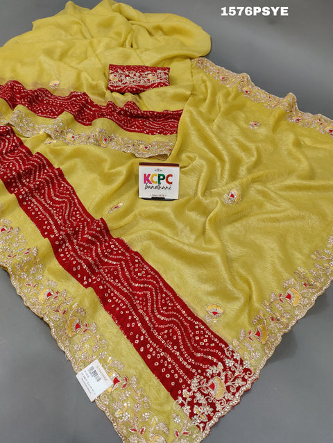 KcPc Designer Tissue Silk hand kashida Embroidery  Bandhani Border saree AMT