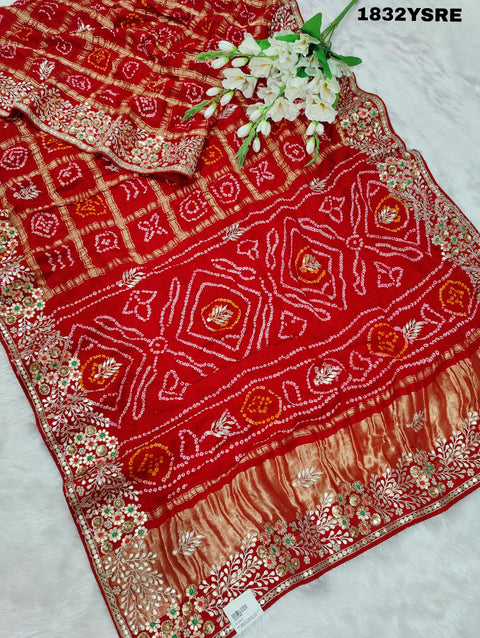 KcPc New Pure Gaji Silk Bandhani Gharchola Gotapatti Work Saree  PRF