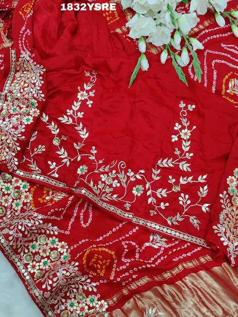 KcPc New Pure Gaji Silk Bandhani Gharchola Gotapatti Work Saree  PRF