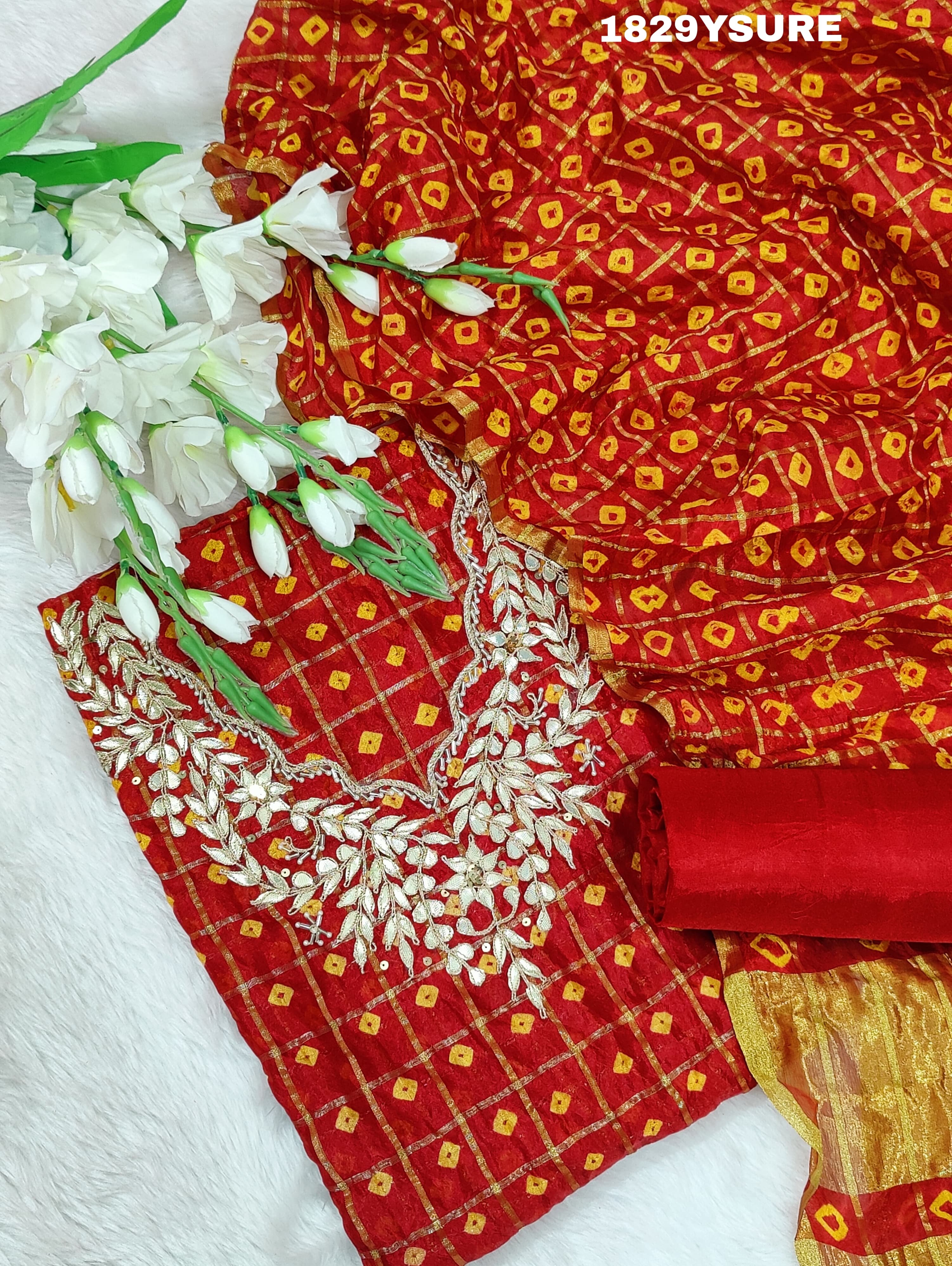 Gharchola Silk Bandhani Dress Material Online Red Bandhani