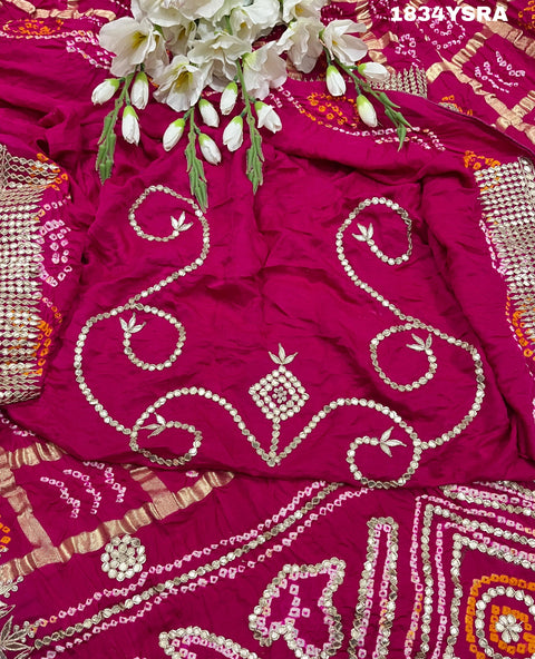 KcPc New Pure Gaji Silk Bandhani Gharchola Beautiful Gotapatti HandWork Saree  PRF