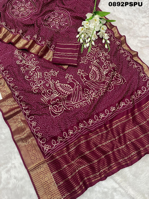 KcPc Designer Dola Silk Bandhani Print Gotapatti Aaritari work Saree  Purple GAN